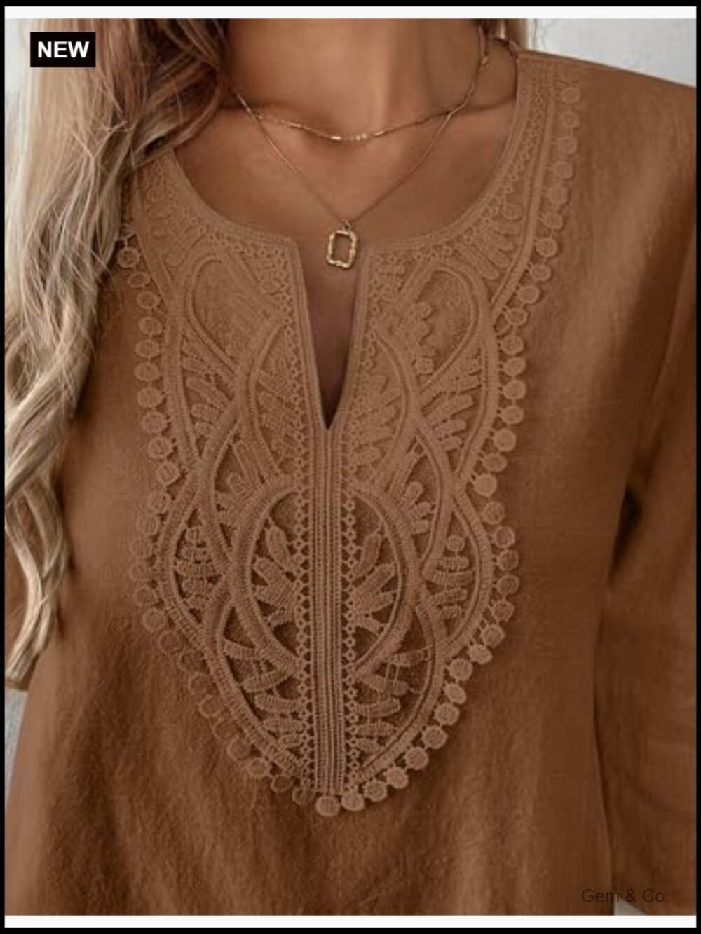 3/4 Sleeve Cotton Linen V-Neck Lace Blouse Loose Fit Boho Tunic Top - Picture 5 of 7